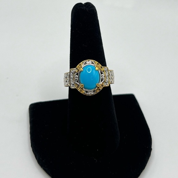 Gems en Vogue Sleeping Beauty Turquoise & Zircon Ring Sz 7.75 - Picture 1 of 5